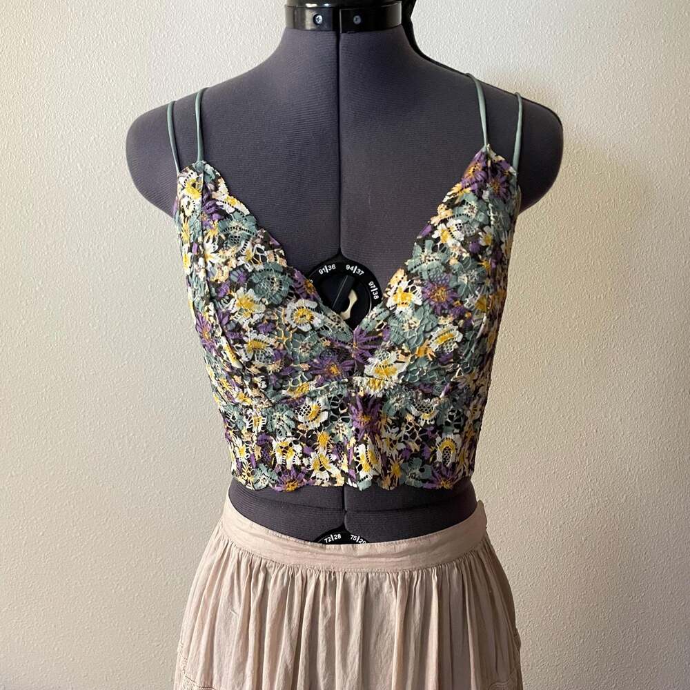 VS PINK Floral Green Purple Yellow Lace Sheer Floral Bralette fairy whimsy L